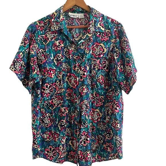 vintage MWC Silk button up Shirt Womens L Floral Top Dark Cottagecore 80s - Picture 1 of 7